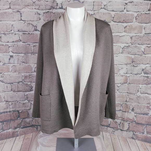 Babaton Sweaters - Babaton Fine Merino Wool Cardigan Shawl Collar Taupe Cream Patch Pockets XS
